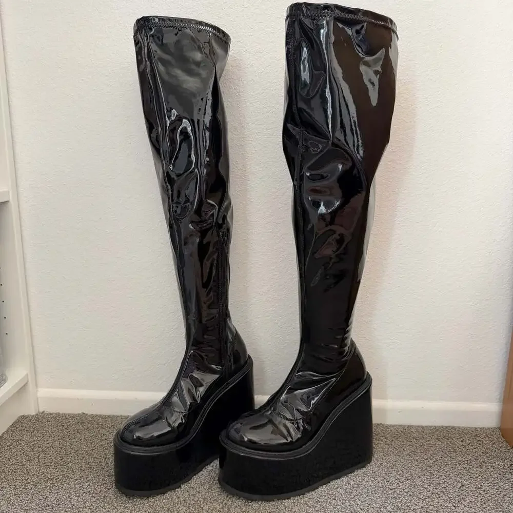 YRU Hades Platform Wedge Over The Knee Thigh High Boots in Black Patent - Size 9